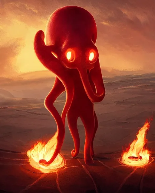 Prompt: humanoid squid squidward wearing fire nation clothing and practicing firebending outside at susnset, [ greg rutkowski ]