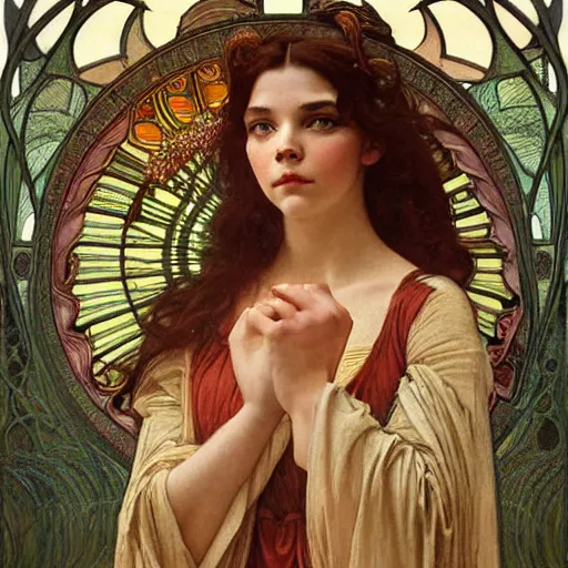 Prompt: detailed portrait art nouveau painting of the goddess of the sun who resembles Anya Taylor Joy, Chloe Grace Moretz, and Emma Watson in a art nouveau cathedral by Alphonse Mucha, Michael Whelan, William Adolphe Bouguereau, John Williams Waterhouse,