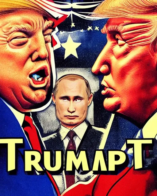 Image similar to vintage illustrated poster of Trump vs Putin wrestling match, hyper realism, high detail, vintage palette, old paper , 8k