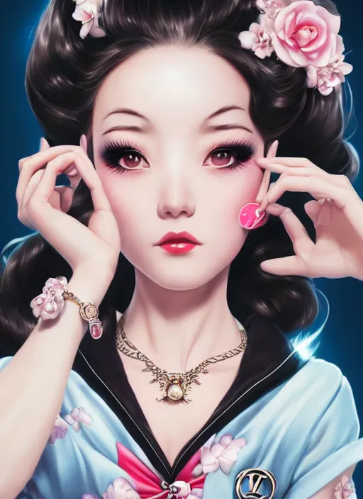 Image similar to a pin up and beautiful fashion dreamlke japan girl with lv jewelry, character art, art by artgerm, wlop, loish, hyperdetailed, 8 k realistic, symmetrical, global illumination, radiant light, frostbite 3 engine, cryengine, dof, trending on artstation, digital art, chanel, dior, detailed background