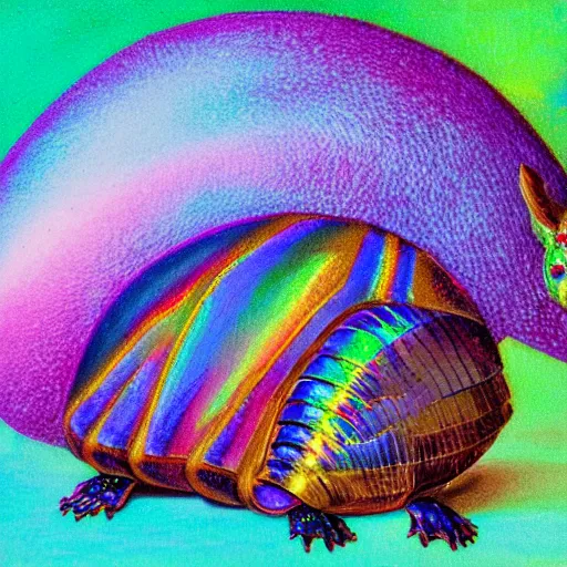 Prompt: an armadillo made of iridescent glass rolls into a ball, oil painting, surreal, impressionist, colorful, 80s album art style, multicolored