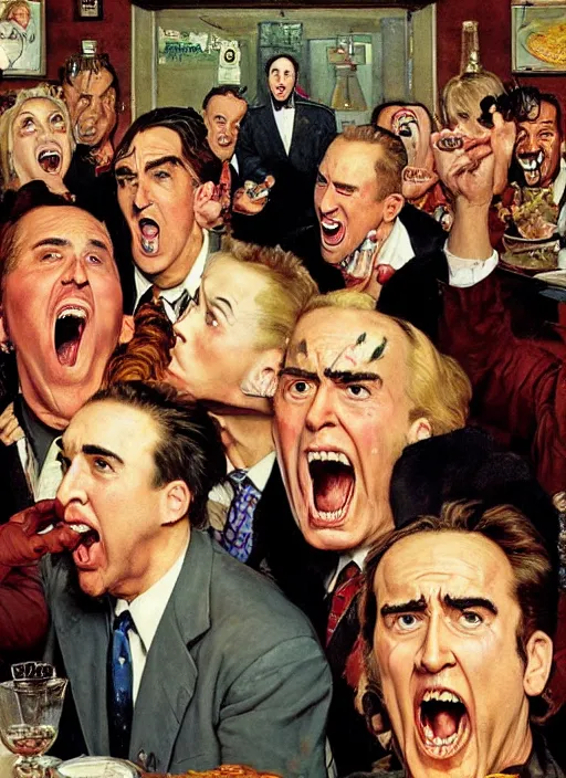 Image similar to full body and head portrait of nicholas cage screaming about crazy evil in a restaurant as everyone else looks puzzled, painted by norman rockwell and tom lovell and frank schoonover