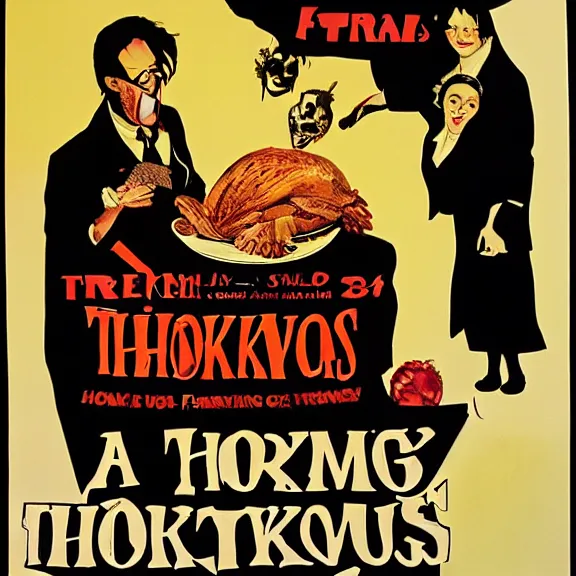 Image similar to a horror movie poster about Thanksgiving turkeys