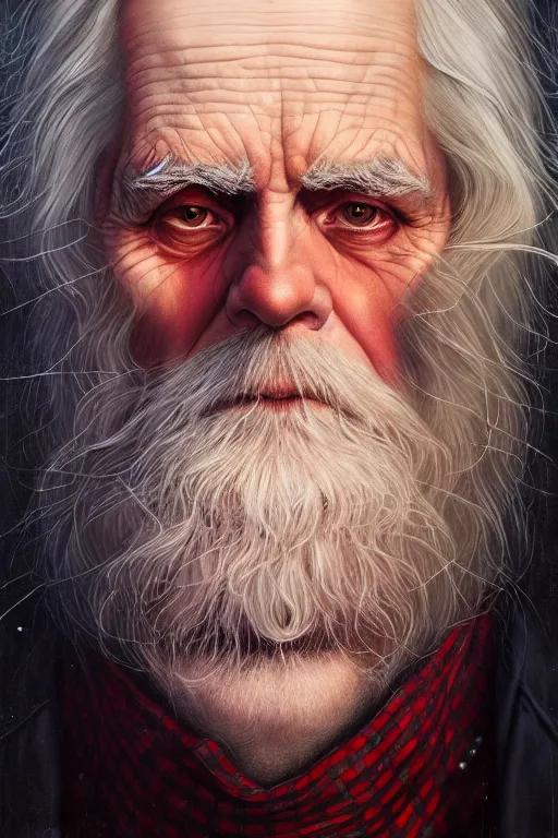 Image similar to an old man wear plaid red shir + long grey hair is the man who know everything in the universe by karol bak, james jean, tom bagshaw, rococo, sharp focus, trending on artstation, cinematic lighting, hyper realism, octane render, 8 k, hyper detailed, vivid, ultra detailed, highly detailed