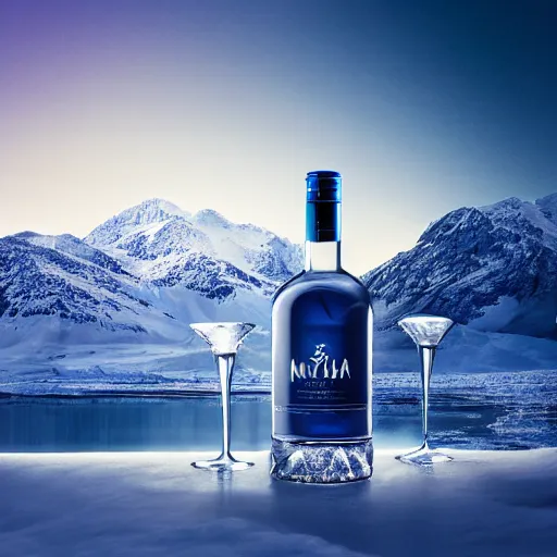 Prompt: an award - winning advertisement photo of a mystical blue liquor bottle with a snowy mountain and ice, drammatic lighting, sigma 5 0 mm, ƒ / 8, behance