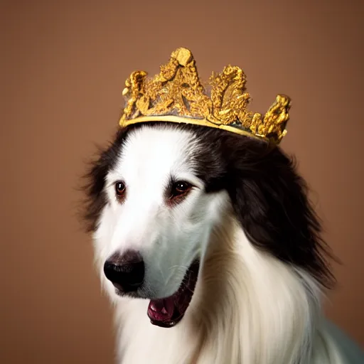 Prompt: A Borzoi Dog using a crown (EOS 5DS R, ISO100, f/8, 1/125, 84mm, postprocessed)