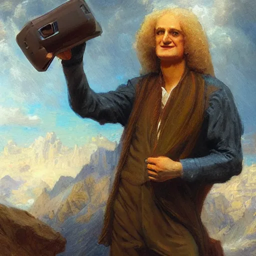 Image similar to portrait of isaac newton using a vr, artwork by gaston bussiere, craig mullins, trending on artstation