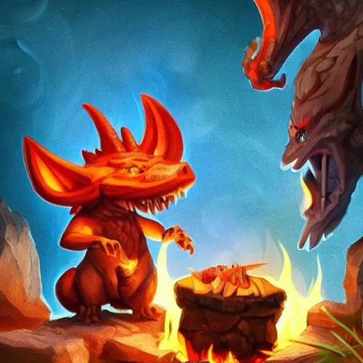 Prompt: two draconic kobolds sitting around cooking fire in a craggy cavern, roasting a chunk of meat over the fire, cute style, dungeons & dragons, artwork by Artgerm, trending on artstation