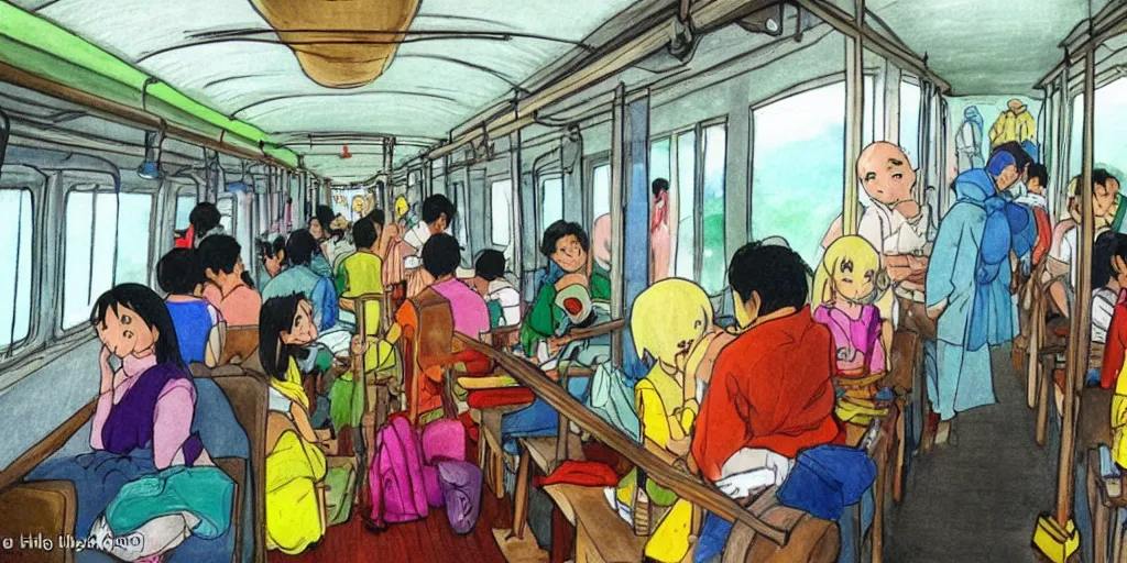 Image similar to inside sri lankan train, drawn by hayao miyazaki