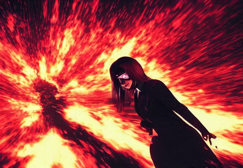 Prompt: low angle shot of a Woman made of black flames, wearing a strict business suit, with no face, with no mouth, with glowing red eyes, with a red halo over her head, with red halo, in an action pose, fiery waves around her, surrounded by war, authoritarian, tense, madness combat, strong dramatic cinematic lighting , blood red sky, harsh dark clouds, grey skin, smooth, sharp focus, extremely detailed, illustration, digital painting, artstation, sharp focus, by Godmachine and Annie Swynnerton and Nicholas Roerich