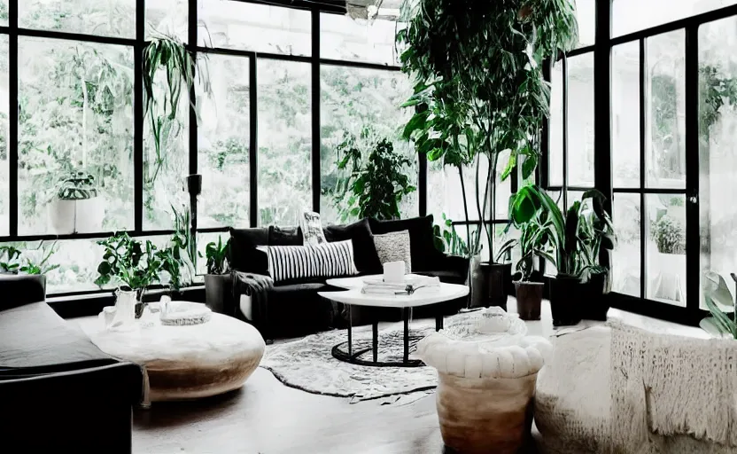 Prompt: interior of a bohemian living room, black and white, green potted plants, couch, diner table, cupboards, modernist, minimalism, big windows with a view of lush trees, feng shui, 8 k