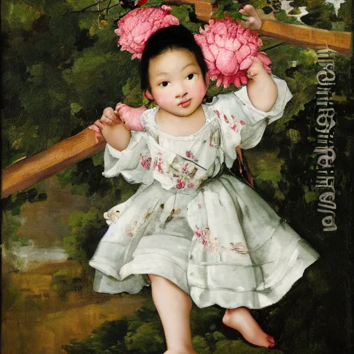 Image similar to A girl in a peony dress swings on a flower swing in Bali style by velasquez