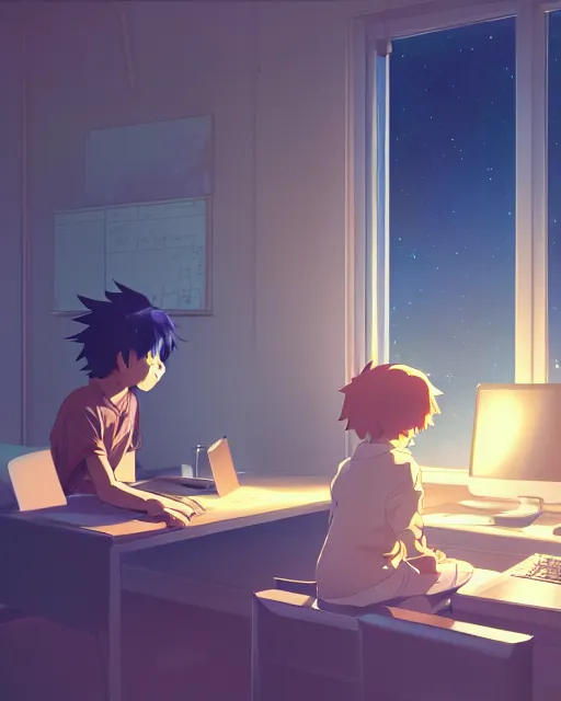 Image similar to a boy and a goldendoodle dog are sitting at a desk in front of a bright computer screen in a bedroom by night, anime concept art, illustrated by Makoto Shinkai, 4k