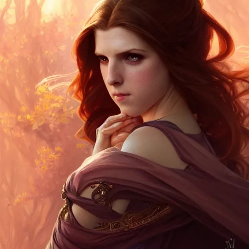 Image similar to beautiful powerful sorceress maiden princess, Anna Kendrick, cruel, intricate, elegant, highly detailed, digital painting, artstation, concept art, smooth, sharp focus, illustration, art by artgerm and greg rutkowski and alphonse mucha