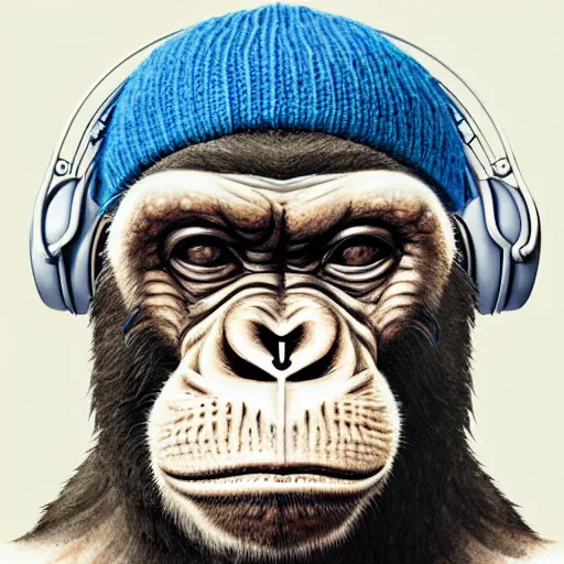 Prompt: stoned ape, headphones and knitted cap, realistic, watercolor, extremely detailed, sharp focus, wide view, smooth, digital illustration, by james jean, by rossdraws, frank franzzeta, mcbess, sakimichan, brosmin, danton fadeev, steve simpson