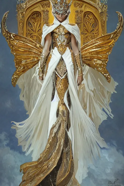 Image similar to full body portrait of a queen wearing white armor with ornate bronze and gold, white gossamer wings, art nouveau, profile, 4K, character concept art, oil painting, trending in artstation, cgsociety, by nekro, Alphonse Mucha, Brom, Artgerm