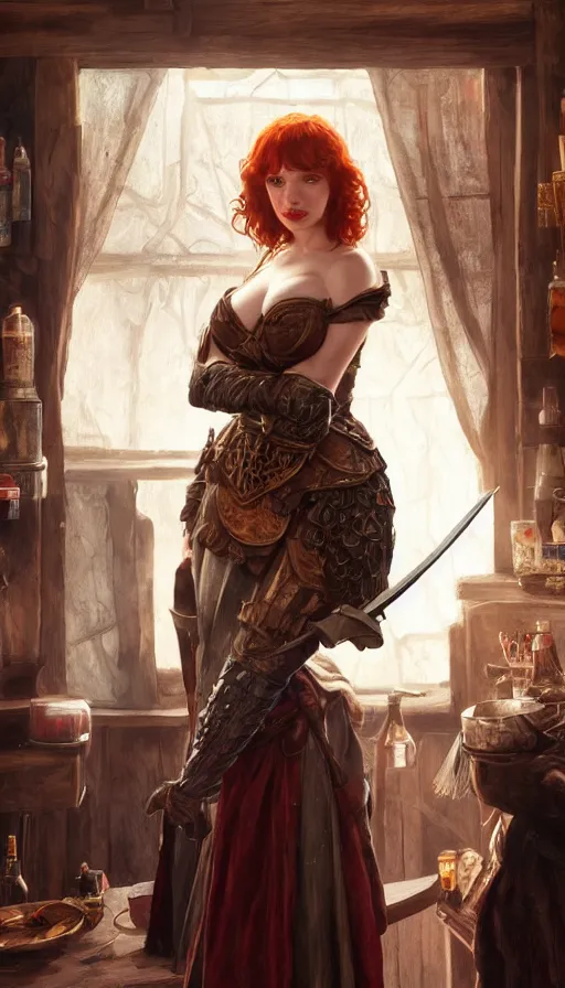 Image similar to young christina hendricks in a tavern, warhammer, lord of the rings, sweaty, strong, sword, intricate, highly detailed, digital painting, artstation, concept art, smooth, sharp focus, illustration, unreal engine 5, 8 k, art by artgerm and greg rutkowski and alphonse mucha