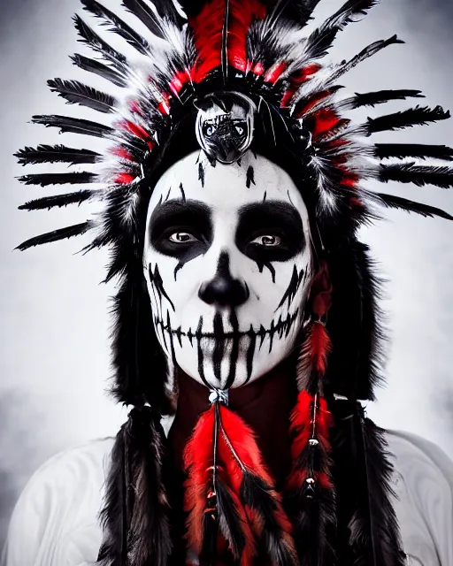 Image similar to the ghost - spirit of the grim - warpaint wears the scarlet skull armor and native blood headdress feathers, midnight fog - mist!, cinematic lighting, various refining methods, micro macro autofocus, ultra definition, award winning photo