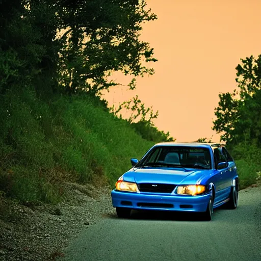 Prompt: Blue 1999 Subaru WRX driving down dirt road perfect composition twilight glowing red taillights cinematic movie still