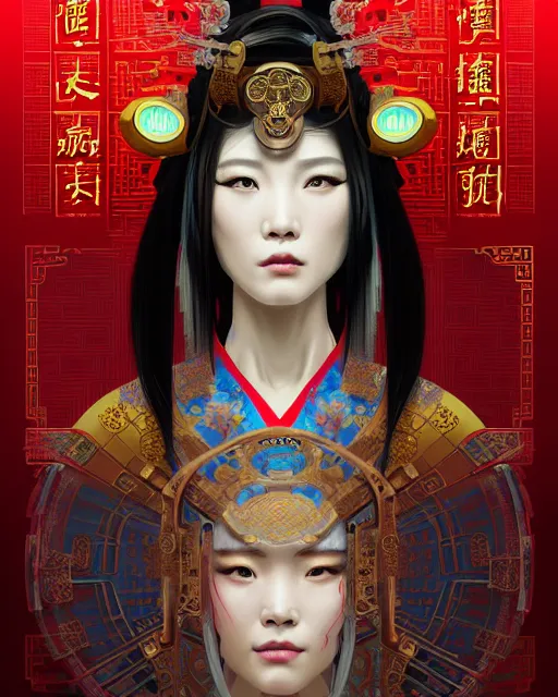 Image similar to portrait of a chinese cyberpunk machine, machine face, robed, upper half portrait, decorated with chinese opera motifs regal asian machine robot cyberpunk fine china, wuxia, traditional chinese art intricate intense elegant 京 剧 highly detailed digital painting artstation concept art smooth sharp focus illustration, art by artgerm and greg rutkowski alphonse mucha 8 k