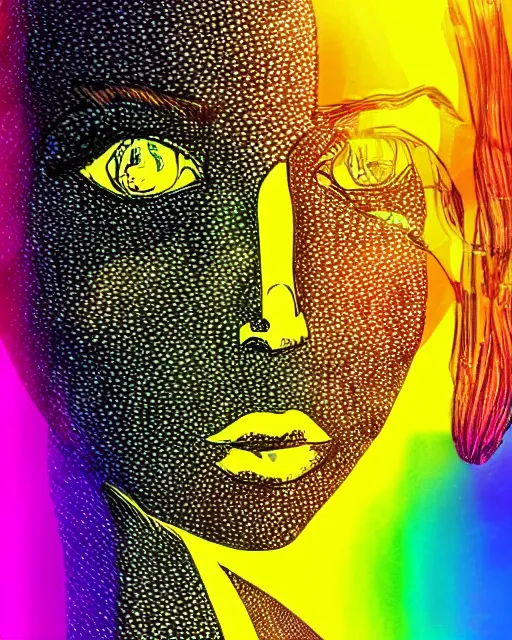 Prompt: solar lens flare, crystal reflections, rainbow light, sharp lines, thick black ink, detailed woman's face