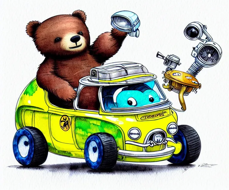 Prompt: cute and funny, bear wearing a helmet riding in a tiny hot rod with oversized engine, ratfink style by ed roth, centered award winning watercolor pen illustration, isometric illustration by chihiro iwasaki, edited by range murata