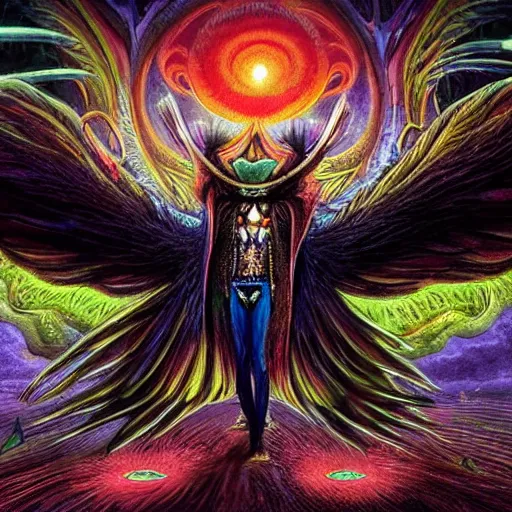 Image similar to A centered chest up portrait of a psychedelic godlike mothman with giant mandala wings smoking a hand-rolled cigarette smoking heavily , magic mushroom village in background , award winning. superb resolution. in the art style of junji Ito and greg rutkowski . Detailed Mushroom city in background. Hyper realistic anime. Perfect art. Dalle2