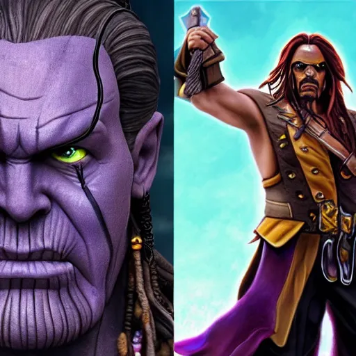 Image similar to thanos as jack sparrow, highly detailed, trending on artstation