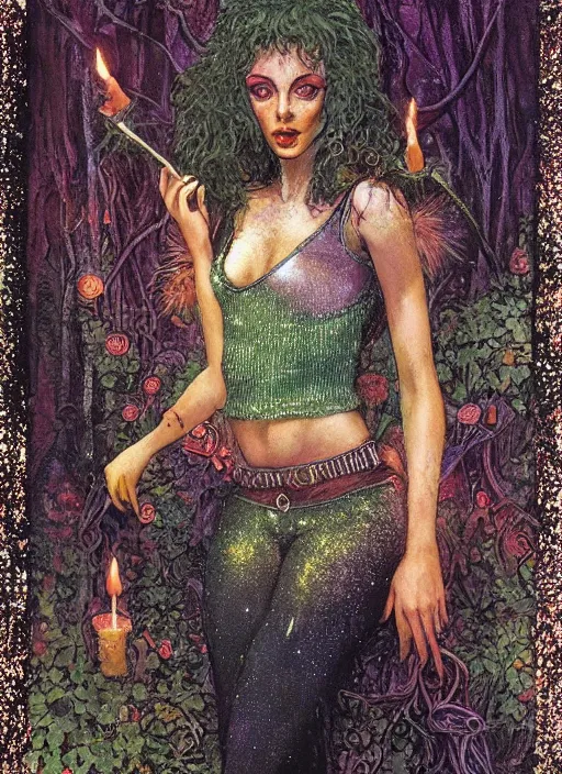 Image similar to seventies slim young horror actress, sequin top, candlelit forest, strong line, deep color, beautiful! coherent! by brom, by brian froud