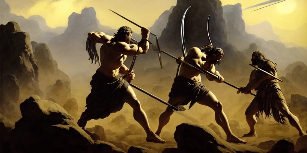 Image similar to realistic scene of biblical Cain with a spear fighting Abel with a reaper scythe, a stone altar with white smoke ascending in the background, masculine and rugged, inspired art by Frazetta + facial symmetry + bright dramatic volumetric lighting, front fill lighting, well lit, 8k octane render, intricate, epic composition, golden hour, studio lighting + masterpiece, trending on artstation, very detailed, masterpiece, stunning