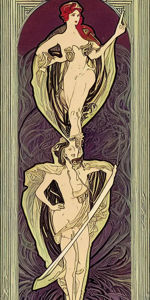 Image similar to an art deco illustration of the grim reaper on a tarot card with an elegant border by alphonse mucha