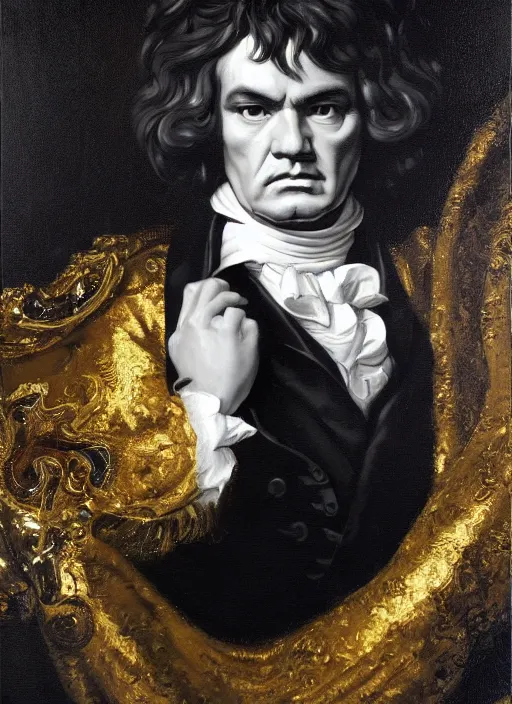 Prompt: highly detailed oil painting | very intricate | cinematic lighting | black, white and gold color scheme, dark background | ludwig van beethoven by alexander mcqueen | by roberto ferri, by gustav moreau, by singer sargent and klimt, american romanticism, occult art | by austin osman spare, artstation, cgsociety, official art, octane