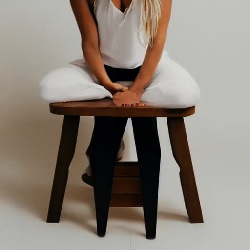 Prompt: a woman sitting on top of a wooden stool, a polaroid photo by louisa puller, trending on pinterest, minimalism, white background, studio portrait, minimalist