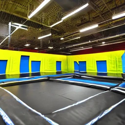 Prompt: empty trampoline park, realistic, nostalgic, detailed. realistic, detailed, hyper realistic.