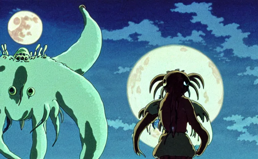 Image similar to a still from a studio ghibli movie of a cartoon cthulhu from princess mononoke ( 1 9 9 7 ), in front of a pale full moon, full body, wide shot, very dull muted colors, studio ghibli, highly detailed, deviantart, art by artgem