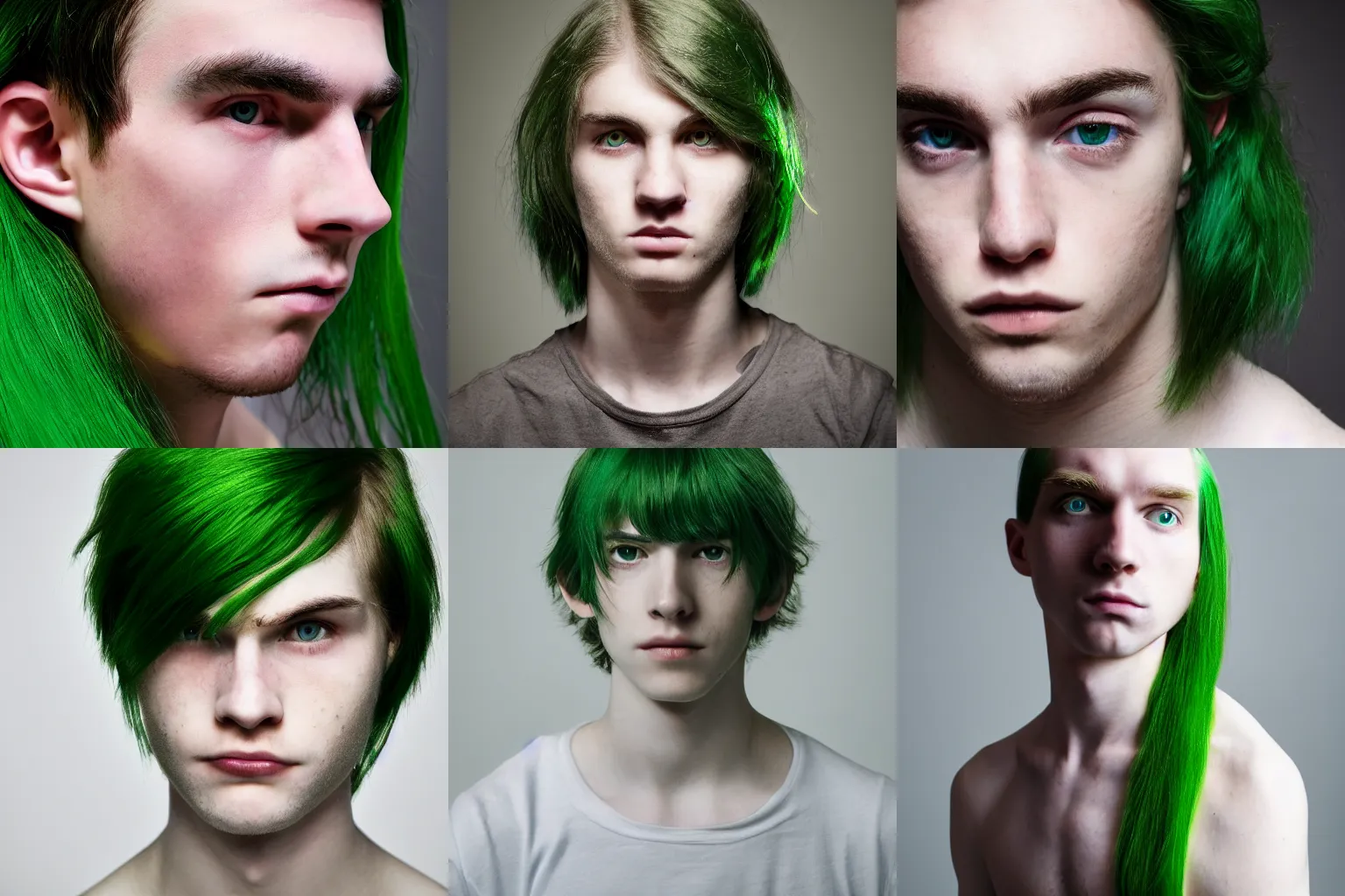 Prompt: a high-quality picture of an upper half of a young man\'s head, green hair, pale skin, eyes wide open, in color