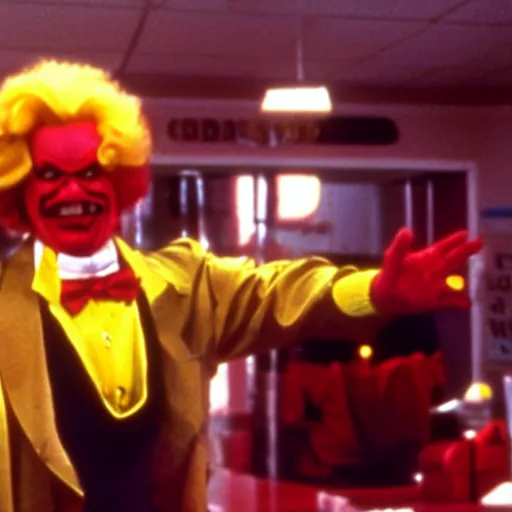 Image similar to A still of Ronald McDonald as a supervillain in a 1980s movie