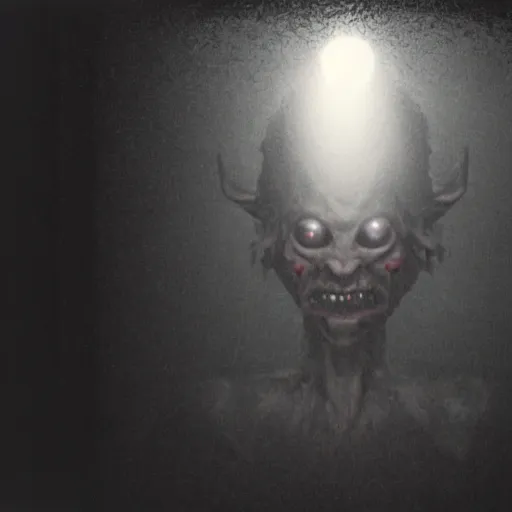 Prompt: a creepy wendigo go behind foggy glass with an unnatural smile from a horror movie, it is deformed and is staring at the camera from the end of a dark liminal hallway. caught on vhs, film grain, flashlight lighting, dead space,