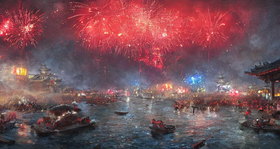 Prompt: craig mullins and ghibli digital art of zhongyuan festival in china ， red lanterns in the sky, black night sky, stars, fireworks, below is the crowd, fireworks, rivers, villages ， unreal engine, hyper realism, realistic shading, cinematic composition, realistic render, octane render, detailed textures, photorealistic, wide shot