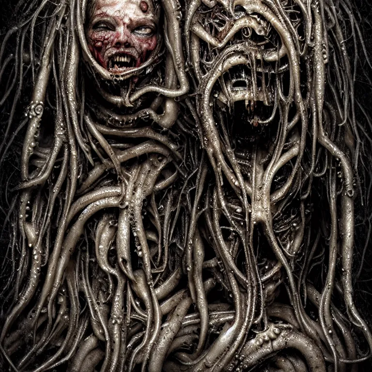 Prompt: ribbed abandoned melting surreal dripping robot face portrait by Giger, covered with tentacles, spines, roots and organic rotten flesh meat, baroque painting, standing in a desolate empty wasteland, creepy, nightmare, dream-like heavy atmosphere, surreal abandoned buildings, beautiful detailed intricate insanely detailed octane render trending on Artstation, 8K artistic photography, photorealistic, chiaroscuro, Raphael, Caravaggio, Beksinski, Giger, BW