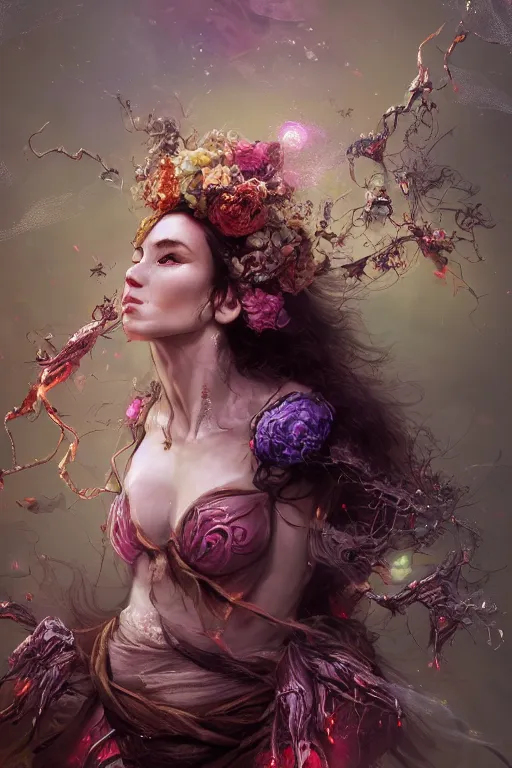 Image similar to face closeup of extremely beautiful girl necromancer, witch - doctor exploding into flowers, face covered with velvet and organic ornaments, angels, 3 d render, hyper - realistic detailed portrait, holding fire and electricity, leaves and magic, ruan jia, wlop. scifi, fantasy, magic the gathering, hyper detailed, octane render, concept art, peter mohrbacher