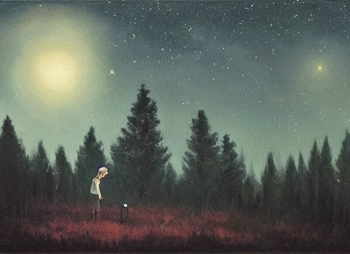 Image similar to girl on the front lawn looking into a telescope up at the stars, night time, forest in the distant background by Greg Rutkowski,