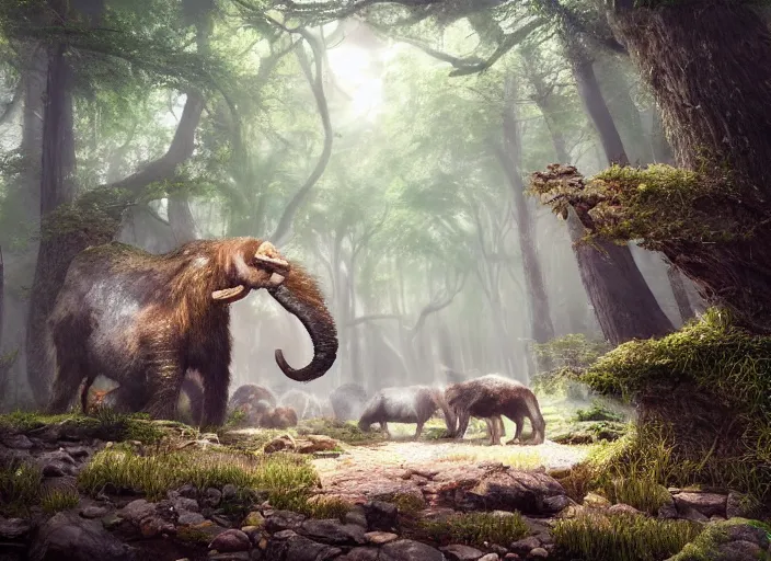 Image similar to hyperrealism, detailed textures, photorealistic, 3 d render, a surreal mystical forest with a bright winding creek with a herd of wooly mammoths grazing, ultra realistic cinematic, intricate, cinematic light, concept art, illustration, art station, unreal engine