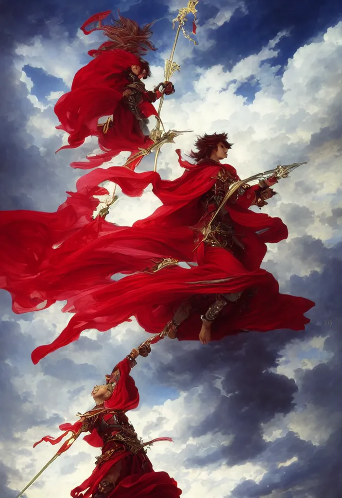 Image similar to A boisterous Red Mage wearing striped shining armor holding a staff of power surrounded by an epic cloudscape. The Magus Omega . Red Wizard. Morpheus. masterpiece. 4k digital illustration. by Ruan Jia and Artgerm and Andreas Rocha and William-Adolphe Bouguereau and Edmund Blair Leighton. award winning, Artstation, intricate details, realistic, Hyperdetailed, 8k resolution. Concept Painting. Key Art