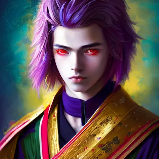 Image similar to colorful and festive captivating teenager boy with straight indigo hair, purple eyes with red eye markers, slim body, wearing a detailed japanese kimono with golden armor pieces. rich vivid colors, ambient lighting, dynamic lighting, 4 k, atmospheric lighting, painted, intricate, highly detailed by charlie bowater