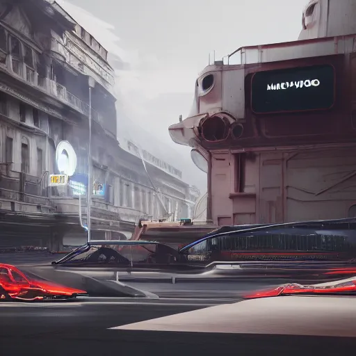 Image similar to sci-fi cars on the coronation of napoleon painting and digital billboard in the middle, unreal engine 5, keyshot, octane, artstation trending, ultra high detail, ultra realistic, cinematic, 8k, 16k, in style of zaha hadid, in plastic, dark, tilt shift,