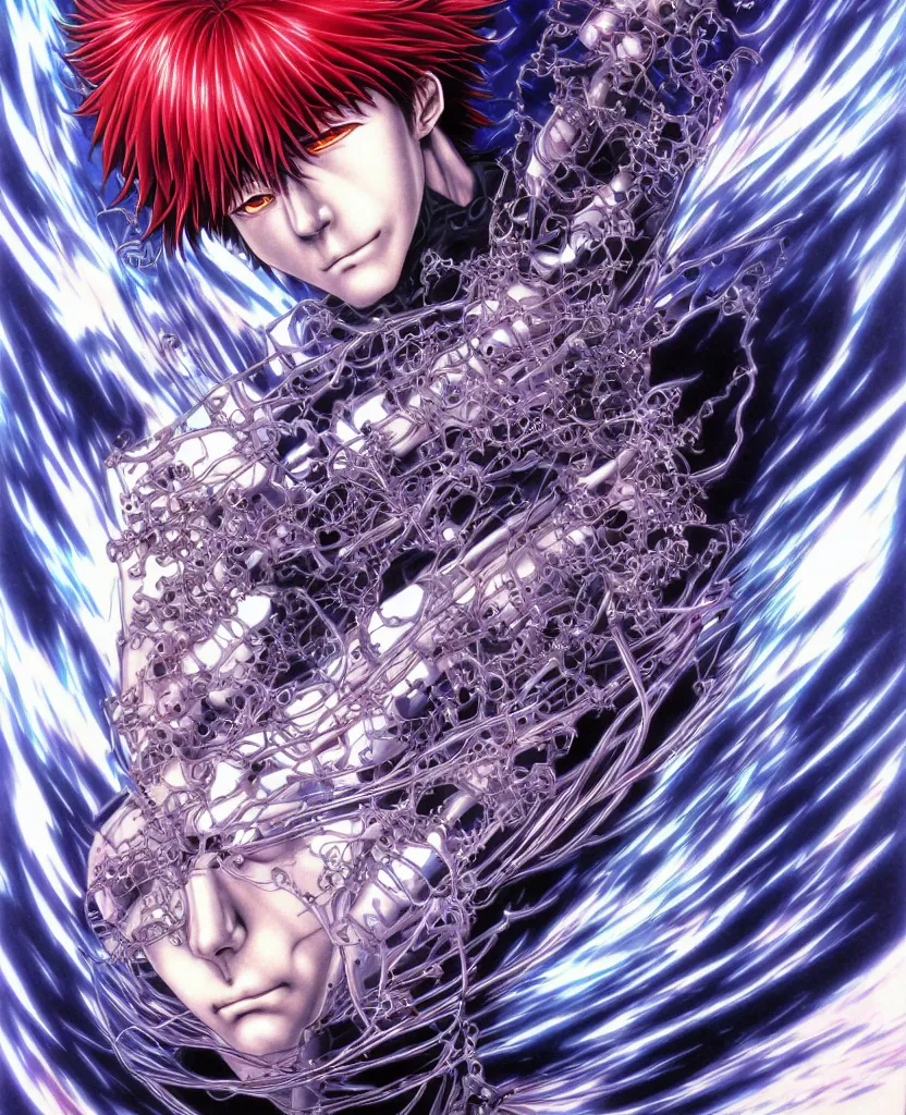 Prompt: symmetrical. realistic detailed image of ultra mega rainbow, realistic detailed male character, kaworu nagisa, depth perception, masterpiece, depth of field, action horror, gothic, vivid colors. art by yoshitaka amano, by yukito kishiro, by yoshiyuki sadamoto, by artgerm, by hajime sorayama