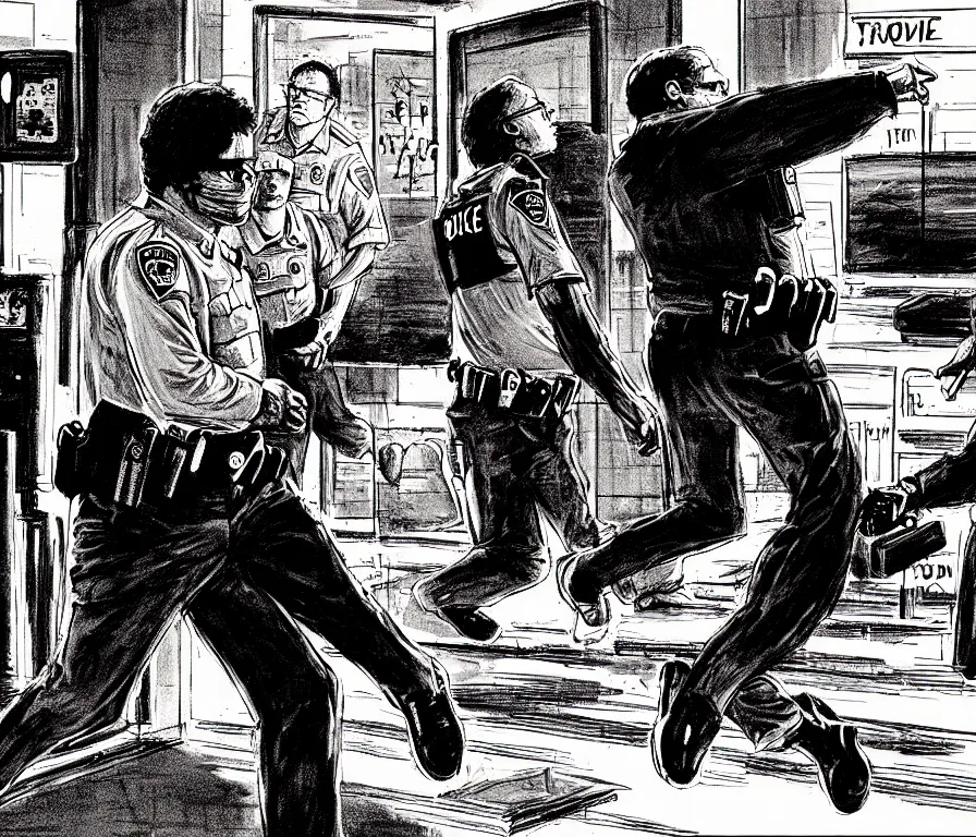 Prompt: todd solondz running from police after violent crime | vivid colors : storyboard, realistic. by gabriel hardman, joe alves, j. todd anderson, chris bonura. cinematic atmosphere, detailed and intricate, perfect anatomy