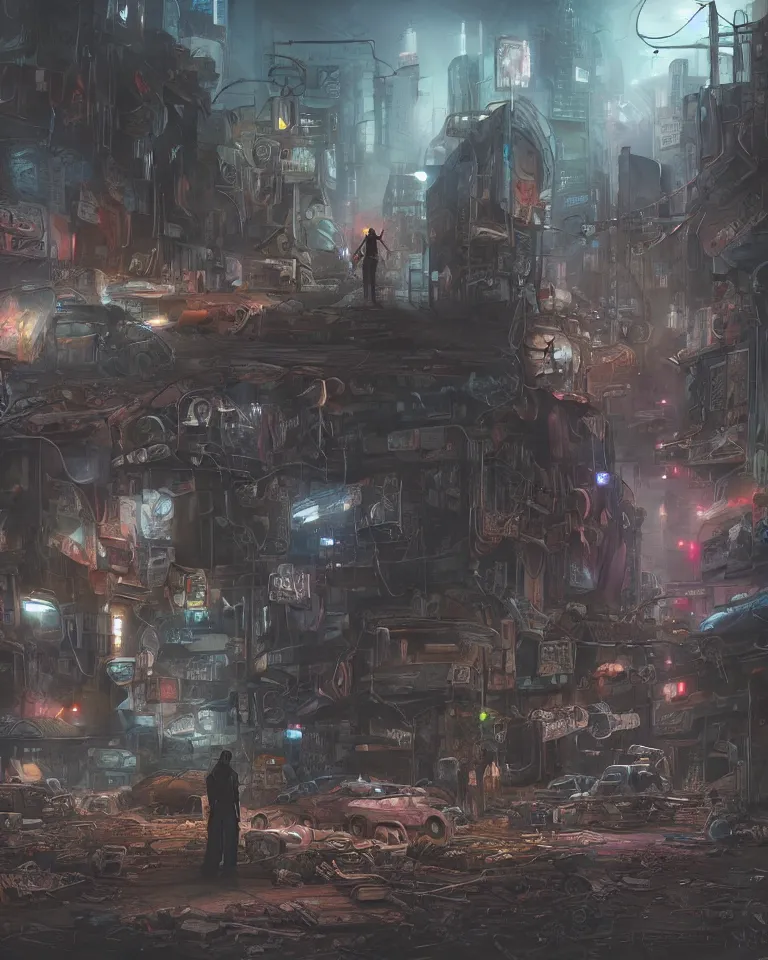 Image similar to a matte painting of a cybernetic junkyard ghost, cyberpunk, shadowrun, in the style of brom