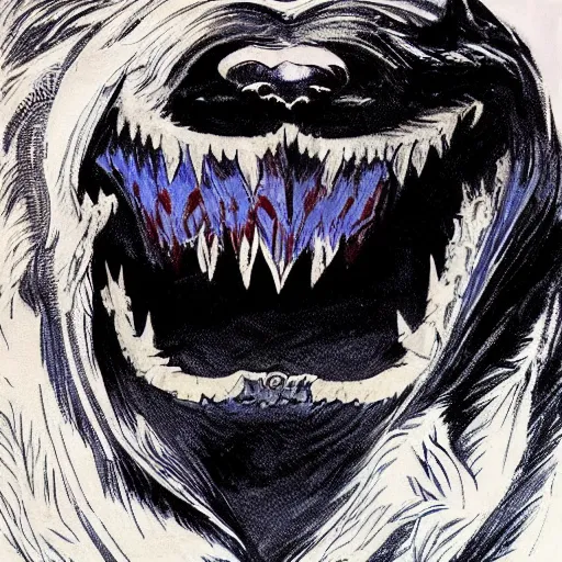 Prompt: exquisite detail, evil wolf grinning while eating the moon in its teeth, midnight, red blue black and white colouring, sharp teeth, art done by Frank Frazetta